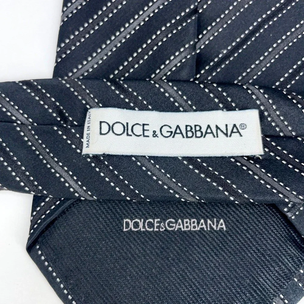 DOLCE & GABBANA Black & Gray Diagonal Striped 100% Silk Necktie Made in Italy